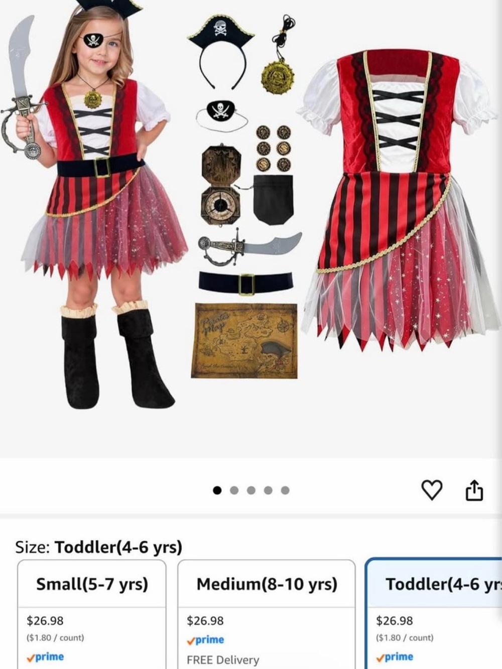Red Pirate Girl Costume - Kids Dress-Up Outfit size 4-6
